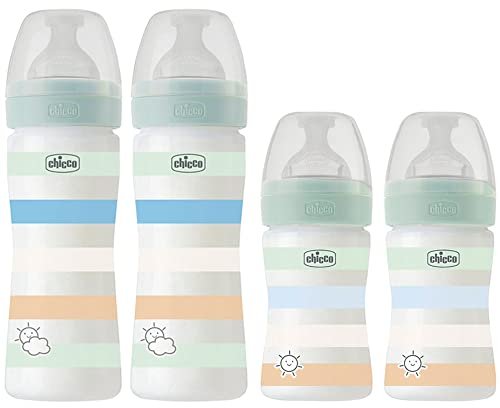 Chicco Antikolik Flaschen Set Uni, Babyfläschchen 4er Pack ab Geburt bis 6 Mo. Mama-Effekt Silikon Sauger 0m+ & 2m+, 2 x 150 ml & 2 x 240 ml, Made in Italy