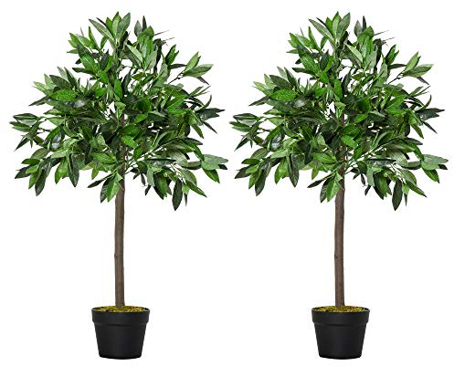 Outsunny Artificial Bay Laurel Topiary Trees w/Pot Fake, Set Of 2 90cm/3FT Indoor Greenery Plant Home Office Garden Decor Green