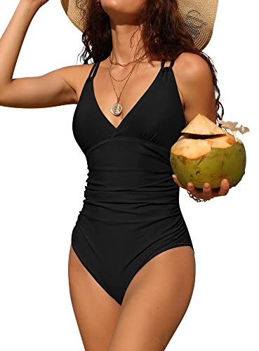 Charmo Tummy Control One Piece Swimsuits for Women Ruched Bathing Suit V Neck Strappy Monokini Black Medium