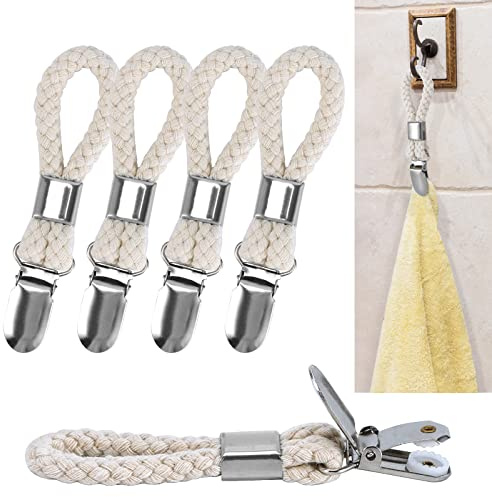 5 Pack Hanging Tea Towels Clip,Metal Kitchen Towels Clips with Hanging Loop Cloth Hook Clip Hangers for Home Kitchen Bathroom Cupboards Cloth Hanger Holder Brackets-Braided Cotton Loop