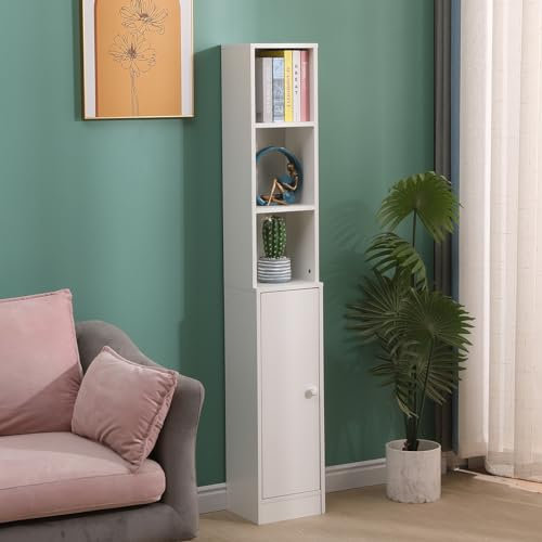Redd Royal Tall Slimi Bathroom Storage Cabinet Corner Tallboy Cupboard White with Shelves and Door Living Room Bookshelf Bookcase for Narrow Small Space (white)