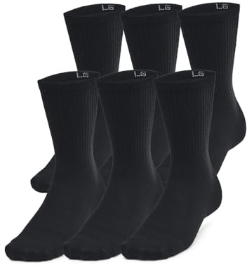 Under Armour Unisex Essential 6 Pack Crew, calcetines de gimnasio ultrafinos y ligeros, calcetines deportivos con soporte plantar y tecnología antiolorBlack/Black/Castlerock,XL