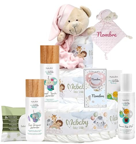 Mababyshop Tarta De Pañales Personalizada Lavender 3 Pisos 42 Pañales Talla 2 Con Doudou Osito Bordado Chupete Y Broche Con Nombre Set Cuidado Bebé Aroma Suave Toallitas Regalo Recién Nacido (Rosa)