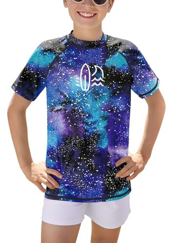 BesserBay Jungen Schnell Trocknend Kurzarm Badeshirt Bademode UV Shirt Swimsuit Navy Blau Weiß Rashguard 160