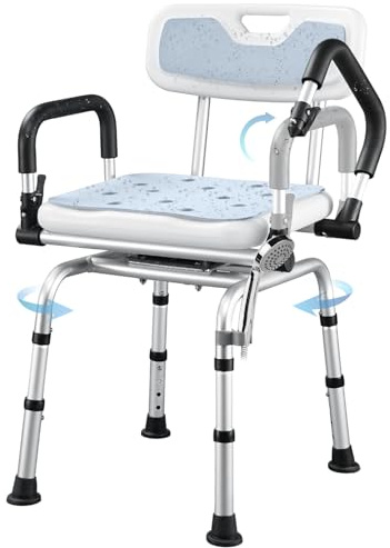 Silla de ducha giratoria con brazos elevables, silla de baño giratoria Hybodies con altura ajustable, taburete de transferencia antideslizante para bañera, taburete seguro ajustable para