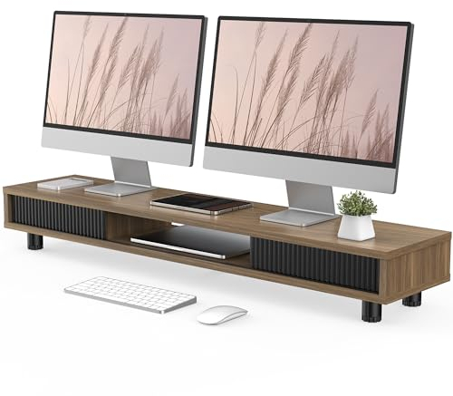Fenge Dual Monitorständer 108cm Großer Bildschirmständer mit 2 Glas-Schiebetür Höhenverstellbarer Monitorständer für Computer/Laptop/TV, Tragfähigkeit 50KG (Braun)