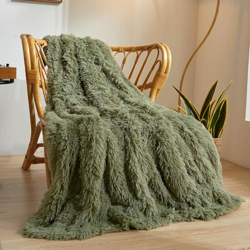 XeGe Luxuriöses Kunstfell Decke Weicher großer Flauschiger Wickel, struppiger Plüsch, dekorativer Couch Wickel Tagesdecke, zarte Bettdecke für Schlafzimmer/Wohnzimmer, Twin/Doppelbett, Salbeigrün
