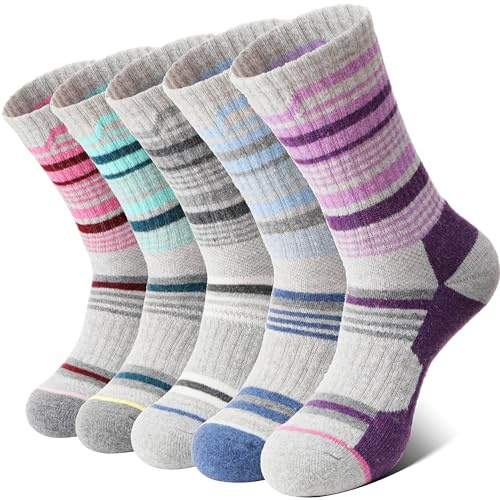 MOSEY KOSY Calcetines de Senderismo para Mujer con Lana Merino Térmicos y Transpirables para Trekking y Trabajo Exterior 5 Pares(Rayas coloridas,36-42)