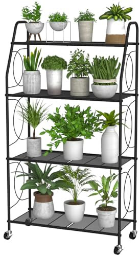 VyGrow Support de plantes à 4 niveaux avec roulettes, étagère pour plantes d'intérieur et d'extérieur, support de plantes haut en métal robuste pour salon, balcon et jardin, noir