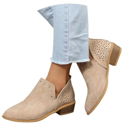 Botines Retro Con Tachuelas Botas Cortas Chelsea De Mujer Elegantes Booties Sin Cordones Con Tacón En Bloque 2024 Nuevos Ankle Boots Huecos Zapatos De Tobillo De Ocio Otoño Invierno(Beige,38 EU)