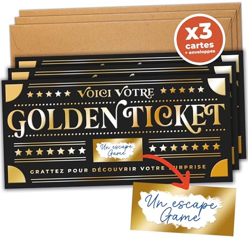 aliceandberry Golden ticket à gratter Carte Cadeau Surprise Personnalisable - Idéal Anniversaire, EVJF, Départ Retraite, Cadeau Couple, Annonce - Design Or et Noir - 3 cartes