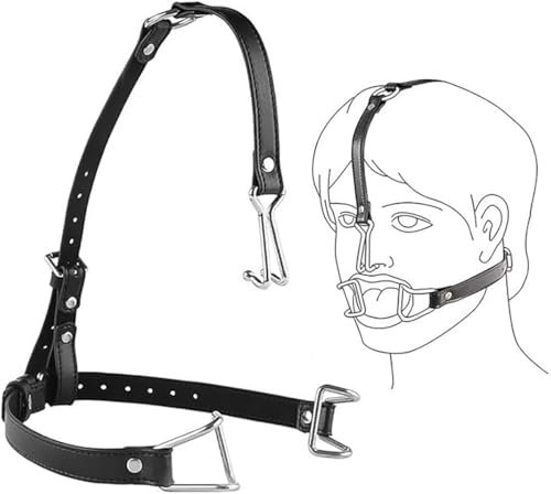 Open Mouth Gag Restraint Leather Head Harness Nose Hook with Metal Mouth Enlargement Ring Bondage Mouth Gags Set Slave Toys for Couples (Silvery)