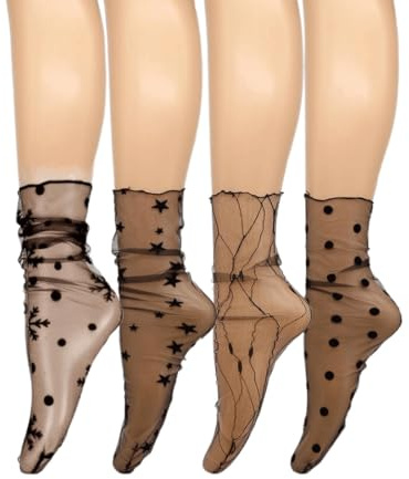 CULEO Women's Ankle Socks, 4 Pairs of Mesh Lace Transparent Fishing Net Stockings, See Through Short Mesh Socks
