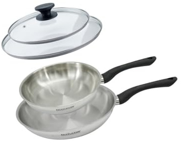 Fackelmann 9442050 Lot de 2 poêles 24 et 28 cm en acier inoxydable 18/8 et couvercle en verre, poêle à frire, pour tous types de plaques à induction, poêle sans PFAS, acier inoxydable 18/8, verre, 24