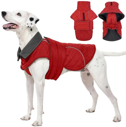 Kuoser Hundemantel für Mittelgroße Große Hunde, Hundejacke Wasserdicht Warm, Wintermantel mit Hohem Kragen & Klettverschluss, Elastischer Bauch, XL Rot