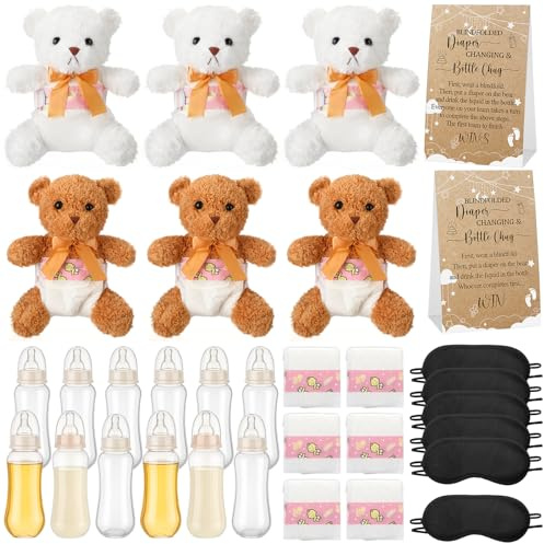 Threlaco 31 PCS Bottle Chug Baby Shower Games Bear Blindfolded Diaper Changing Games Kits With Funny Dolls Plastic Bottles Diapers for Gender Reveal Gifts Baby Shower Prizes(Brown,Stars)