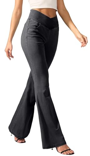 PAIDAXING Jeans a campana da donna UK V Crossover a vita alta in denim pantaloni con controllo della pancia elasticizzati pull-on pantaloni da donna casual bootcut fondo a campana jeggings con tasche