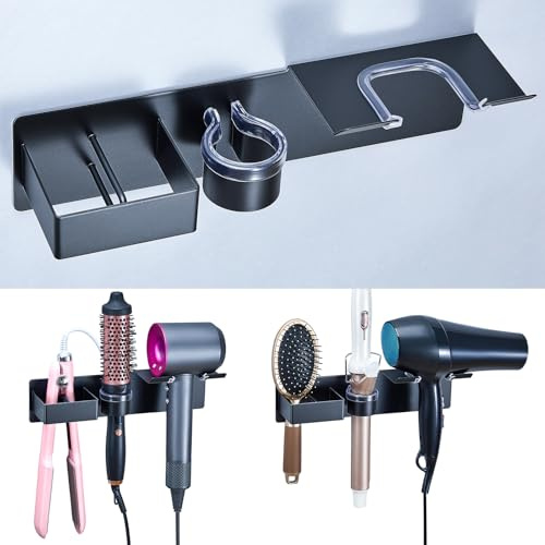 YYBO 3 en 1 Soporte para Secador de Pelo y Plancha y Rizador, Soporte secador de pelo adhesivo, Porta secador pelo pared para Baño (Negro)