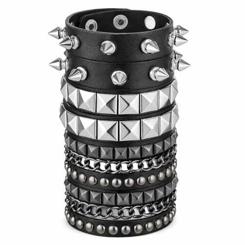 TIESOME 6 Pcs Stud Bracelet, Spiked & Studded Leather Punk Bracelet for Women Men, Vintage 80s Chain Wristband Set, Gothic Rocker Accessories
