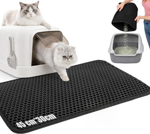 Adiwo Cat Litter Tray Mat, 45 x 30 cm Cat Litter Mat, Non-slip Cat Litter Trapping Mat, Waterproof Double Layer Honeycomb Design Litter Box Mat, Easy Clean Washable EVA Material, Perforated Bottom