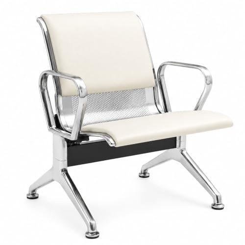 Modern Väntbänk i Läder med Ergonomiskt Vadderat Ryggstöd | Robust Besöksstol i Rostfritt Stål för Kontorsreception, Klinik, Lounge och Offentliga Utrymmen(White)