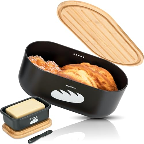 EliteHoff Brotkasten mit Schneidebrett + Vorratsdosen 3er Set (Kaffeedose Teedose Zuckerdose) oder Brotbox mit Butterdose | Brotkorb Metall Schwarz mit Bambusdeckel - 35x19x14cm (2er Set)