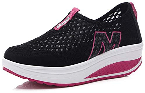 Hotcham Damen Schlankheitsschuhe Laufschuhe Plateauschuhe Gewicht Luft leicht elastisch Sport Laufen Yoga Tennis zum Überziehen Sportschuh Netzstoff flach Sommer, schwarz 2, 40 EU
