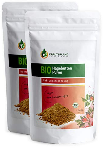 Kräuterland - Bio Hagebuttenpulver 1kg in Rohkostqualität - 100% rein, vegan, sehr fein - schonend gemahlene Bio Hagebutten Früchte Rosa Canina - laborgeprüft in Premiumqualität(2x500g)