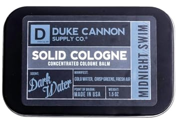 Duke Cannon Supply Co. Solid Cologne for Men Midnight Swim - Cold Water, Crisp Greens, Fresh Air - Concentrated Balm, Coconut Oil, Travel-Friendly Tin, 1.5 oz (1 unit)