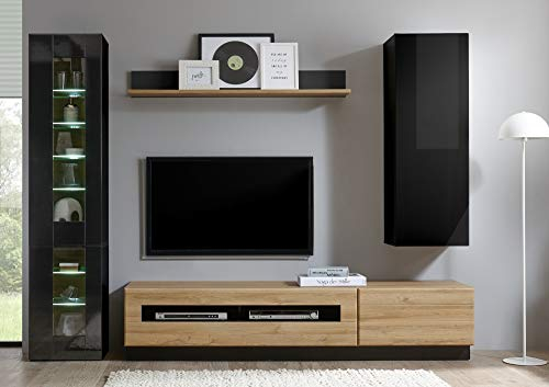 Wohnkombination Ruby V schwarz/Grandson Oak hell Dekor 275(255) x200x38-48cm Wohnzimmermöbel Wohnzimmer Wohnzimmerschrank Stauraumelement Stauraum Größe ohne Beleuchtung