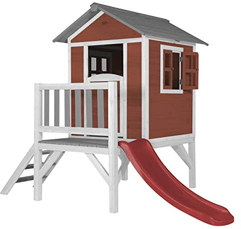 AXI Beach Lodge XL Casetta rosso con scivolo rosso | Casa per bambini su palafitte con veranda in legno FSC | Parco giochi per il giardino.