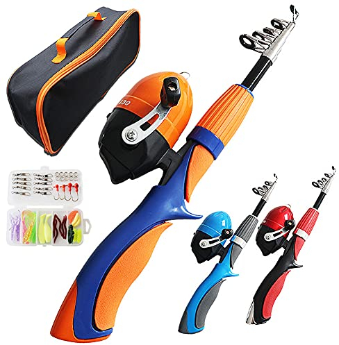YFPICO Kinder Angelset Teleskop Angelset für Kinder mit Tasche Angelzubehör Set Komplett Kinderangel ab 4 Jahre(Orange-51stck Set,1.3m)