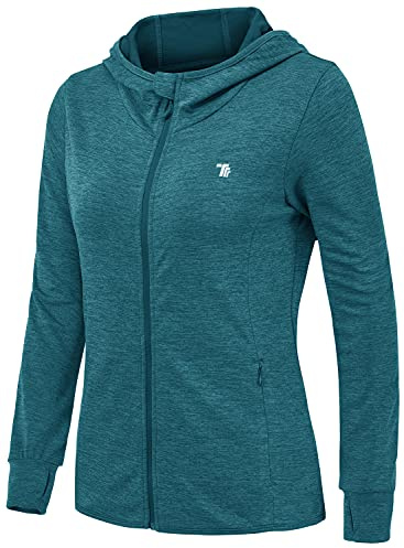 donhobo Women's Running Jackets with Thumb Hole,Gym Hoodie Top Dark Blue L