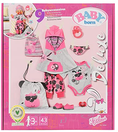 BABY born Erstausstattung, 9 teiliges Bekleidungsset mit Zubehör und Kleidung in Grau Rosa für 43 cm Puppen, 832561 Zapf Creation