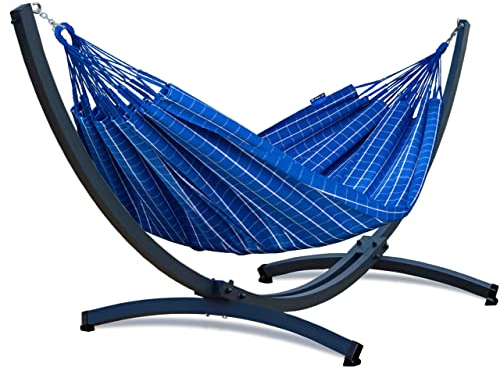 Potenza Outdoor Hängematte mit Verzinkter Tytan Gestell für 2 Personen I Baumwolle Catargo - Doppelhängematte 220x160, 220kg I Hängemattengestell 350kg, wetterfest (Blau, Basic Gestell Graphit)