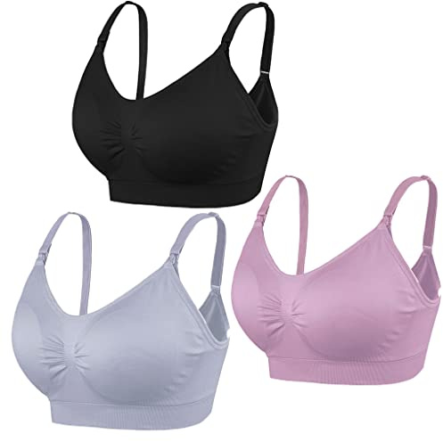 COLOMI 3 Pezzi Reggiseno per Allattamento Reggiseno per Allattamento Senza Ferretto per Allattamento e Dormire Senza Ferretto per Donna (M,Black+Grey+Purple/3Pack)