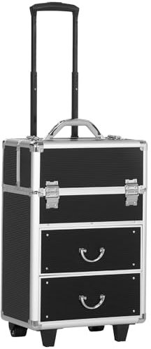 HOMCOM Valigetta Per Trucchi Professionale, Trolley Porta Trucchi Nero, Valigetta Professionale, Rinforzato in Alluminio e Acciaio, Blocco con 2 Chiavi e Ruote, 36x23x58cm, Nero
