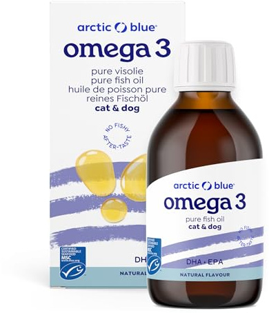 Premium Omega 3-fiskolja för hundar och katter i livsmedelskvalitet – Omega 3 och 6-fettsyror med EPA & DHA – olja för hälsosam ämnesomsättning, glänsande päls och frisk hud – 300 ml – arctic blue