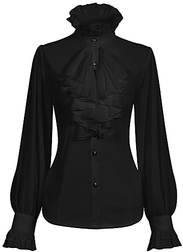 SUNGDOGIN Womens Victorian Vintage Long Sleeve Shirt Ruffle Stand Collar Blouse Gothic Medieval Tops Black