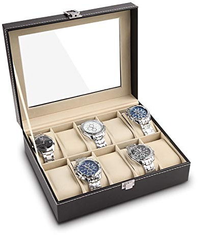 Boîte de rangement pour 10 montres, Boîte à Montres en cuir synthétique avec couvercle en verre et coussin de montre Doublure en Velours pour homme et femme Décoration à collectionner