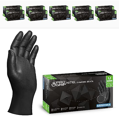 PROGRIP Einweghandschuhe Diamant Grip, Schwarz, Einmalhandschuhe Extra Stark, Nitrilhandschuhe Gr. M, 2x dicker, Handschuhe Einweg, Arbeitshandschuhe für Werkstatt & Montage, 500 Stück (10x50 Stk)