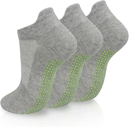 srclo 3 Pairs Womens Non Slip Grip Yoga Socks,ladies Anti-slip Pilates Ankle Sock Size 4-8, for Barre Fitness, Ballet, Dance, Home Workout (UK, Numeric, 4, 8, Regular, Regular, Light Grey)