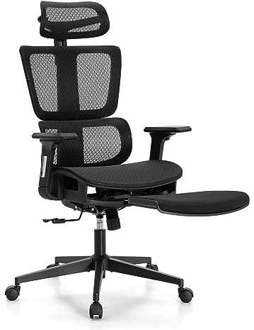 ALPHA HOME Ergonomischer Bürostuhl Schreibtischstuhl mit Fußstütze Verstellbarer Lendenwirbelstütze und Kopfstütze, Atmungsaktiver Computerstuhl mit 3D Armlehne für Heim, Büro, Arbeitszimmer