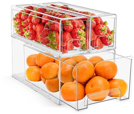 Sorbus Fridge Drawers - Clear Stackable Pull Out Refrigerator Organizer Bins - Food Storage Containers for Kitchen, Freezer, Vanity & Fridge (3 Pack | 1 Large, 2 Small Stackable Drawer Bins)