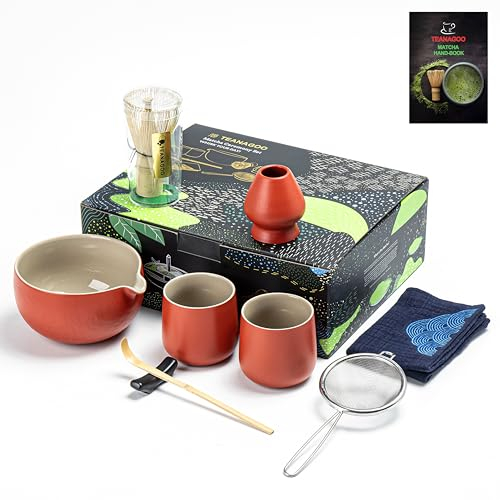 TEANAGOO Matcha Set Matcha Whisk Matcha Bowl with Pouring Spout Scoop Matcha Whisk Holder Tea Making Kit. Tea Set (7pcs) + 2Cups(7.2oz),S19,Red,Color Box Packing