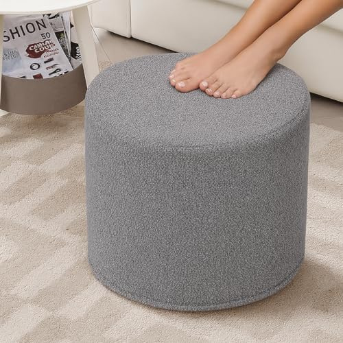 KKdema Round Pouf Ottoman and Foot Rest, Soft Boucle Footstool Ottomans for Living Room, Comfort Sponge Stuffed Poofs for Couch Desk Resting Your Feet, Grey(17.1 D x 17.1 W x 14 H)