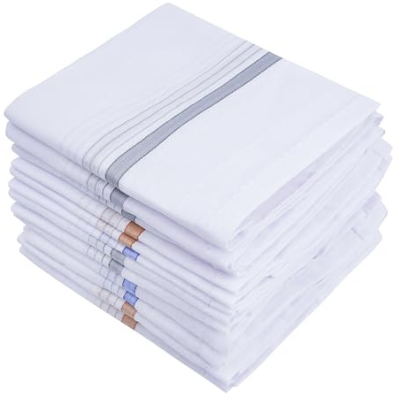 Namaste Trends 100% Cotton Mens Handkerchiefs - 16 x 16 Pocket Square Hankies for Wedding, Business or Daily Use (12, White Design 1)