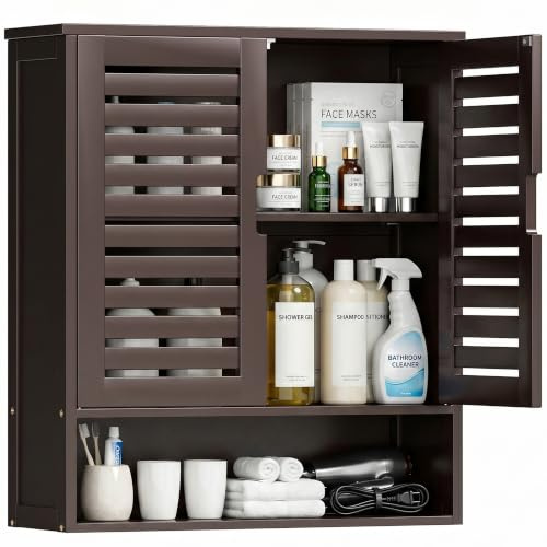 SMIBUY Armadietto da bagno montato a parete, organizzatore di stoccaggio sopra il water in bambù, armadietto medico salvaspazio con 2 porte e ripiani regolabili (Marrone scuro)