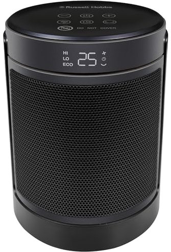 Russell Hobbs Space Heater in Black & Silver 1500W Portable Oscillating Ceramic Round Electric Heater, Low Energy Digital Display, 4 Modes, 24hr Auto Timer, Overheat Protection, RHCH2002S