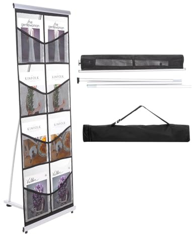 PATIKIL Portable Magazine Display Racks Floor Standing Double A4 8 Mesh Pockets Brochure Stand Catalog Literature Holder for Hotel, Exhibition, Office, Black
